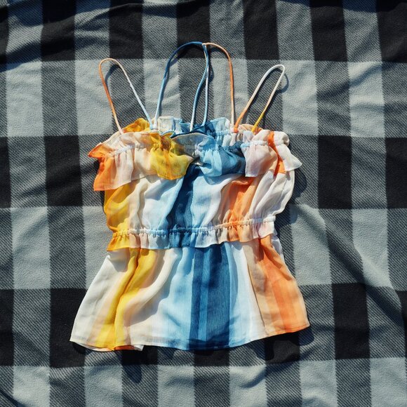 Blue Orange Rainbow Strappy H&M Chiffon Ruffle Top - Picture 1 of 6